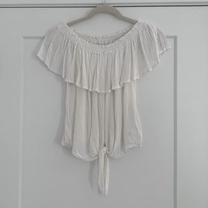 White off shoulder tie waist top